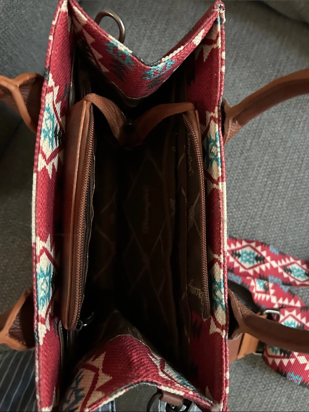 NWOT Wrangler Southwest-Pattern Red Canvas Tote with Brown Leather Trim